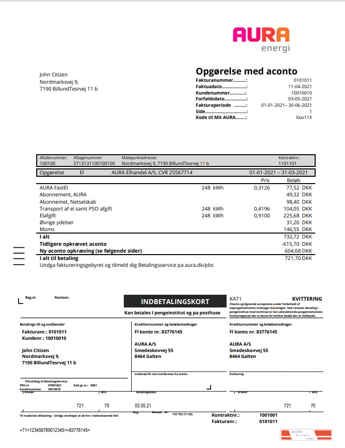 Denmark AURA Energi utility bill template in Word and PDF format
